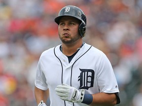 Detroit's Jhonny Peralta runs back to the dugout against  the Washington Nationals at Comerica Park in July. (Photo by Leon Halip/Getty Images)