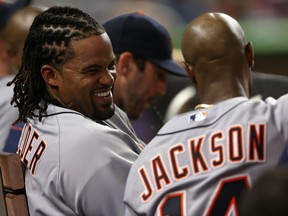 Detroit's Prince Fielder, left, and Austin Jackson talk during Friday's game against the Miami Marlins at Marlins Park. (Photo by Mike Ehrmann/Getty Images)