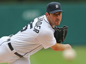 Detroit's Justin Verlander warms up prior to the start of the game against the Cleveland Indians at Comerica Park Sunday. (Photo by Leon Halip/Getty Images)
