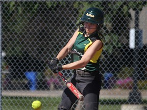 St. Clair's Rian Desbiens takes a swing against the Durham Lords in OCAA women's fastball at St. Clair College Saturday. (DAX MELMER/The Windsor Star)