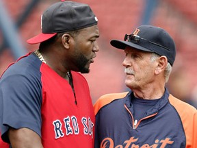 Tigers manager Jim Leyland, right, and Boston slugger David Ortiz talk before the game at Fenway Park Tuesday. (Photo by Winslow Townson/Getty Images)