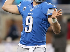 Detroit's Matthew Stafford warms up prior to the game against the Chicago Bears at Ford Field last year. (Photo by Leon Halip/Getty Images)