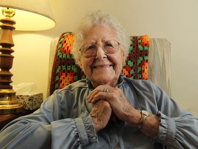 Annie Frances Emerson is now a proud 100 years old. But she tells everyone she’s 75. (TYLER BROWNBRIDGE / The Windsor Star)