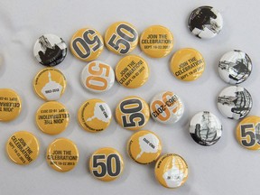 Buttons highlight the University of Windsor's 50th anniversary celebration this month.  (JASON KRYK /  The Windsor Star)