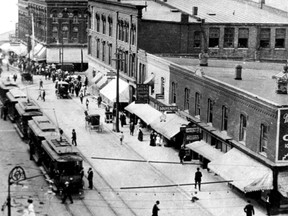 Showing the Curry Block circa 1900. In the lower right hand corner is pictured the northeast corner of Pitt Street and Ouellette Avenue. Upper left is the British American Hotel on the northeast corner of Ouellette and Sandwich Street. (FILES/The Windsor Star)