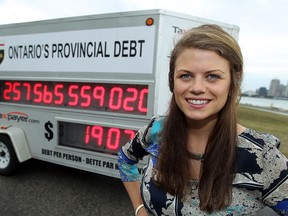 Candice Malcolm is photographed next to the Canadian Taxpayers Federation's debt clock  in Windsor.          (TYLER BROWNBRIDGE/The Windsor Star)