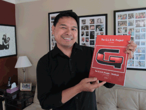 Glen Bacarro, framed by photos of friends and family in his Windsor home, is a motivational speaker who gears his message to youth.  (JASON KRYK/ The Windsor Star)