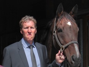 Veterinarian Mark Biederman with a thoroughbred horse named Prince during a press conference announcing that the Ontario provincial government has signed an agreement with the Lakeshore Horse Racing Association for $64,000 in transition assistance to hold four days of racing at the Leamington Racetrack starting on September 22, 2013.
