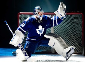 Maple Leafs goalie Jonathan Bernier takes part in a video production on opening day of training camp in Toronto on Wednesday, Sept. 11, 2013. THE CANADIAN PRESS/Nathan Denette
