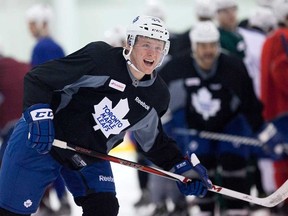 Toronto Maple Leafs defenceman Morgan Rielly skates down the ice during training camp in Toronto Jan. 13, 2013. (THE CANADIAN PRESS/Michelle Siu)