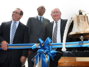 The Detroit/Wayne County Port Authority formally opened its new $22 million public dock and terminal Monday July 18, 2011, in the Detroit, MI. Here from left, Wayne County Executive Robert Ficano, Detroit Mayor Dave Bing, and U.S. Sen. Carl Levin prepare to cut the ceremonial ribbon. (DAN JANISSE / The Windsor Star)