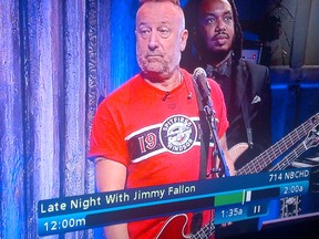 The Windsor Spitfires logo got late-night exposure Thursday thanks to Peter Hook, former bassist in Joy Division and New Order. Hook showed up on Jimmy Fallon’s talk show sporting a Spitfires T-shirt.