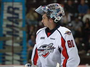 Spitfire goalie, Jordan DeKort (DAX MELMER/The Windsor Star)