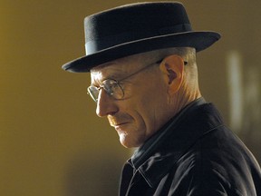 This image released by AMC shows Walter White, played by Bryan Cranston, wearing a Bollman 1940’s pork pie hat in a scene from the second season of "Breaking Bad." The series finale of the popular drama series airs on Sunday, Sept. 29. (AP Photo/AMC, Ursula Coyote)