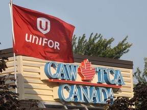 The CAW sign on the local 444 building came down for good Tuesday, Sept. 10, being replaced with the newly formed Unifor sign. The CAW sign which has been on the Turner Rd. building for 28 years is shown. (DAN JANISSE/The Windsor Star)