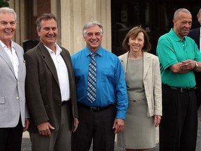 Windsor/Essex County Sports Hall of Fame inductees Jack Schroeder, from left, Ron Martinello, Jerry Marentette, Marge Holman, Ralph Hall and Gerry Philp. (NICK BRANCACCIO/The Windsor Star)