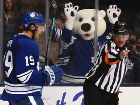 Toronto's Joffrey Lupul, left, celebrates his goal against Edmonton's Devan Dubnyk during NHL action at the Air Canada Centre Saturday. (Photo by Abelimages/Getty Images)