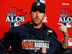 Detroit's Justin Verlander answers a question during a news conference at Comerica Park Monday. (AP Photo/Paul Sancya)