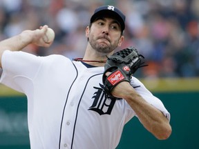 Detroit's Justin Verlander throws a pitch in the first inning during Game 3 of the American League championship series against the Boston Red Sox Tuesday in Detroit. (AP Photo/Matt Slocum)