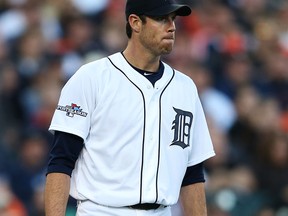 Detroit's Doug Fister reacts after giving up a two-run homer to Oakland's Jed Lowrie during Game 4 of the American League Division Series at Comerica Park. (Photo by Leon Halip/Getty Images)