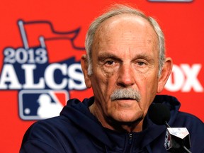 Detroit Tigers manager Jim Leyland speaks to the media before Game 3 of the American League championship series against the Boston Red Sox. (AP Photo/Paul Sancya)