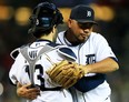 Detroit's Joaquin Benoit, right, and Alex Avila celebrate their 7-3 win over the Boston Red Sox in Game 4 of the American League Championship Series at Comerica Park. (Photo by Jamie Squire/Getty Images)