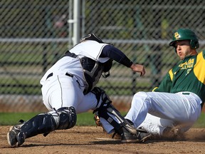 The Humber Hawks Colin Gingerich is just late with the tag as the Durham Lords Michael Cyr slides safely into home at Lacasse Park in Tecumseh on Friday, October 18, 2013. (TYLER BROWNBRIDGE/The Windsor Star)