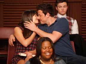 In this 2011 file photo, Rachel (Lea Michele) and Finn (Cory Monteith)  in "The Purple Piano Project" the season three premiere episode of Glee. Fox says Monteith’s addiction-related death will be addressed in the “Glee” episode on Thursday, Oct. 10, 2013, bidding farewell to his character, Finn Hudson. Fox Entertainment Chairman Kevin Reilly declined to specify how the character of Finn would exit, saying he couldn’t confirm Finn would be felled by drugs. The 31-year-old Monteith was found dead in a hotel room in Canada in June. Tests showed his death was caused by a mixture of heroin and alcohol.  (Handout)