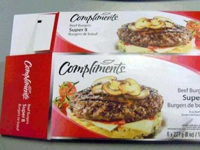Packaging for Compliments brand Super 8 Beef Burgers is shown in a handout photo, released on Wednesday October 2, 2013. (THE CANADIAN PRESS/HO, CFIA)