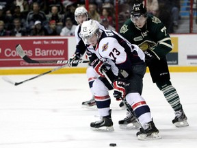 Spits forward Remy Giftopoulos, left, protects the puck against London's Josh Anderson at the WFCU Centre Saturday. (JOEL BOYCE/The Windsor Star)