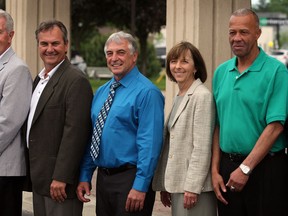 Windsor/Essex County Sports Hall of Fame inductees, from left, Jack Schroeder, Ron Martinello, Jerry Marentette, Marge Holman, Ralph Hall and Gerry Philp at the Caboto Club. (NICK BRANCACCIO/The Windsor Star)