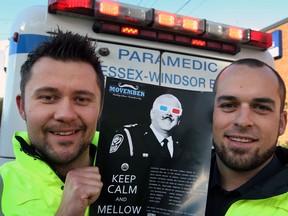 Essex-Windsor EMS paramedics Slawomir Pulcer, left, and Justin Lammers and dozens of other emergency services workers have thrown their support behind "Keep it Mellow" Movember campaign Thursday October 24, 2013.  Their boss, Chief Randy Mellow, is currently receiving treatment for prostate cancer and Keep it Mellow campaign raises funds for research and awareness. (NICK BRANCACCIO/The Windsor Star)