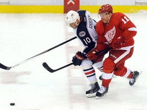 Detroit's Daniel Alfredsson, right, is checked by Marian Gaborik of the Blue Jackets. (THE CANADIAN PRESS/AP-Lon Horwedel)