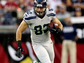 LaSalle's Luke Willson  of the Seattle Seahawks runs after a catch against the Arizona Cardinals last week. (Photo by Christian Petersen/Getty Images)