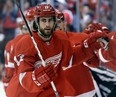 Detroit's Patrick Eaves celebrates scoring a goal against the Chicago Blackhawks in Game 6 of the Western Conference semifinals last year. (AP Photo/Paul Sancya)