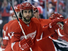 Detroit's Patrick Eaves celebrates scoring a goal against the Chicago Blackhawks in Game 6 of the Western Conference semifinals last year. (AP Photo/Paul Sancya)
