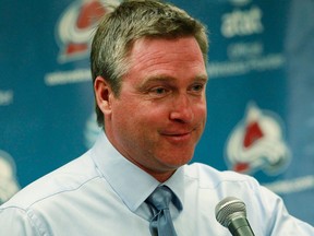 Colorado Avalanche head coach Patrick Roy smiles as he takes questions after the Avalanche's 6-1 victory over the Anaheim Ducks Wednesday. (AP Photo/David Zalubowski)