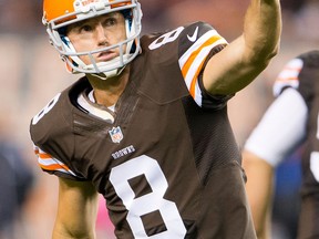 Cleveland kicker Brandon Bogotay celebrates after kicking a 44-yard field goal against the Buffalo Bills Thursday. (Photo by Jason Miller/Getty Images)