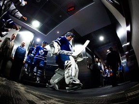 Toronto goalie James Reimer walks to the ice for warmup before the game against the Ottawa Senators Saturday. (THE CANADIAN PRESS/Mark Blinch)