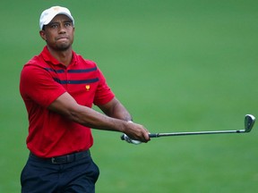 Tiger Woods watches his second shot on the ninth hole during the Foursome Matches at the Muirfield Village Golf Club Saturday in Dublin, Ohio. (Photo by Gregory Shamus/Getty Images)