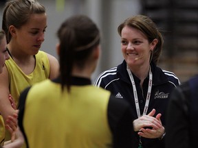Lancers coach Chantal Vallee, right, chats before practice at the St. Denis Centre. (NICK BRANCACCIO/The Windsor Star)