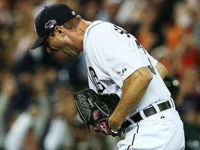 Detroit's Max Scherzer celebrates the third out in the eighth inning against the Oakland Athletics during Game 4 of the American League Division Series at Comerica Park. (Photo by Leon Halip/Getty Images)