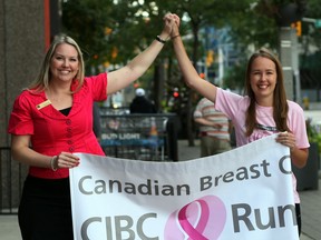 Cancer survivor Lisa Stomp, right, and CIBC branch manager Shayla Barker announce CIBC Run for the Cure going this  Sunday, Oct. 6. (NICK BRANCACCIO / The Windsor Star)
