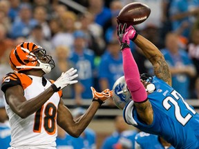 Detroit strong safety Glover Quin, right, breaks up a pass intended for wide Cincinnati receiver A.J. Green at Ford Field on October 20, 2013 in Detroit. The Bengals defeated the Lions 27-24. (Jason Miller/Getty Images)