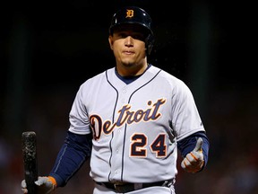 Detroit's Miguel Cabrera reacts after getting striking out during the American League Championship Series at Fenway Park in Boston.  (Al Bello/Getty Images)