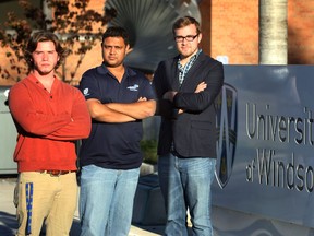 Rob Crawford, University of Windsor Student Alliance president (L), Iftekhar Basith, U of W Graduate Student Society president and Jacob De Jong, VP Academic for the UWSA pose Tuesday, Oct. 8, 2013, at the Windsor, Ont. campus. They have have withdrawn from the Judicial Panel at the Uof W over fairness concerns.  (DAN JANISSE/The Windsor Star)