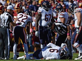 Chicago QB Jay Cutler is injured during a game against the Washington Redskins October 20, 2013 in Landover, Maryland. Cutler is likely to miss next week's game against the Detroit Lions. (Patrick Smith/Getty Images)