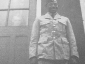 Private Morris Harding outside barracks at Camp Borden