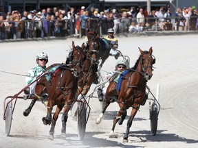 A large crowd watches as drivers compete in a horse race during the first of four harness racing dates at the Leamington Fairgrounds, Sunday, Sept. 22, 2013.  (DAX MELMER/The Windsor Star)