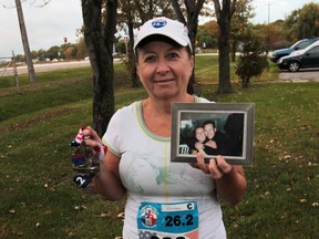Rose Wood, a local runner in the Free Press marathon.  Rose runs in memory of her son who passed away. (JASON KRYK/The Windsor Star)